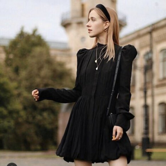 H&M Studio Collection Black Short Cocktail Dress Balloon‎ skirt Puff Sleeves 12 - Picture 6 of 8